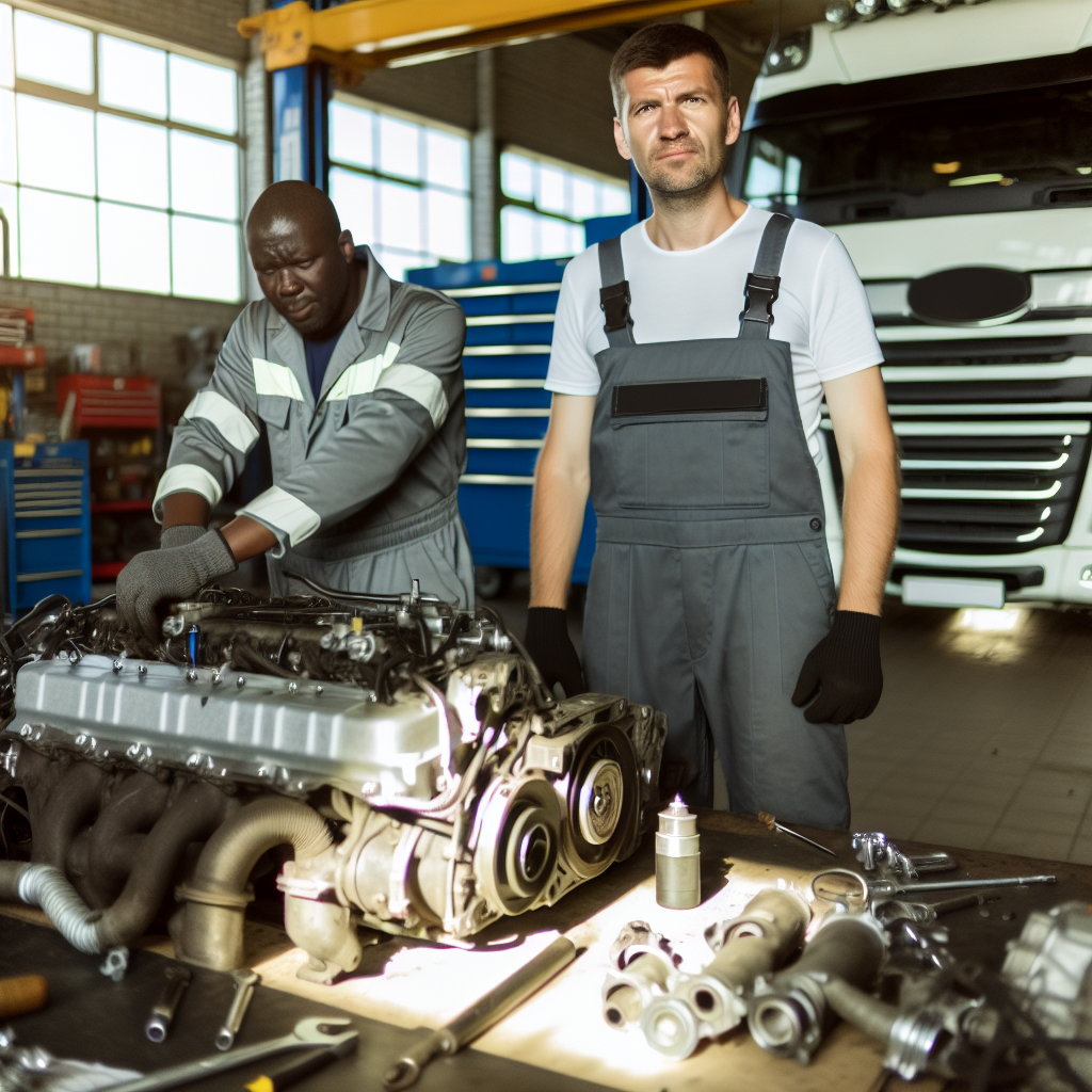 A diesel mechanic working on a truck engine