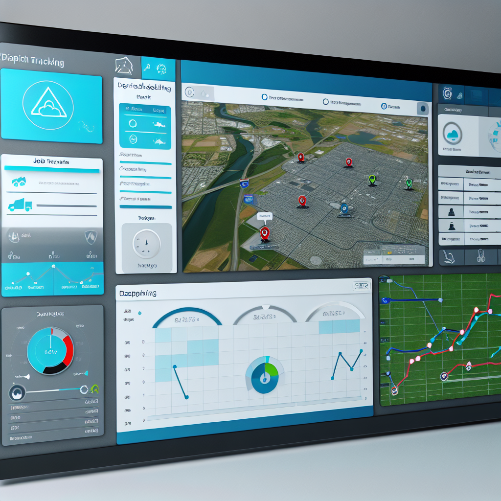 A visual representation of a user-friendly dispatch software dashboard interface, showcasing features like real-time tracking, job scheduling, and route optimization.