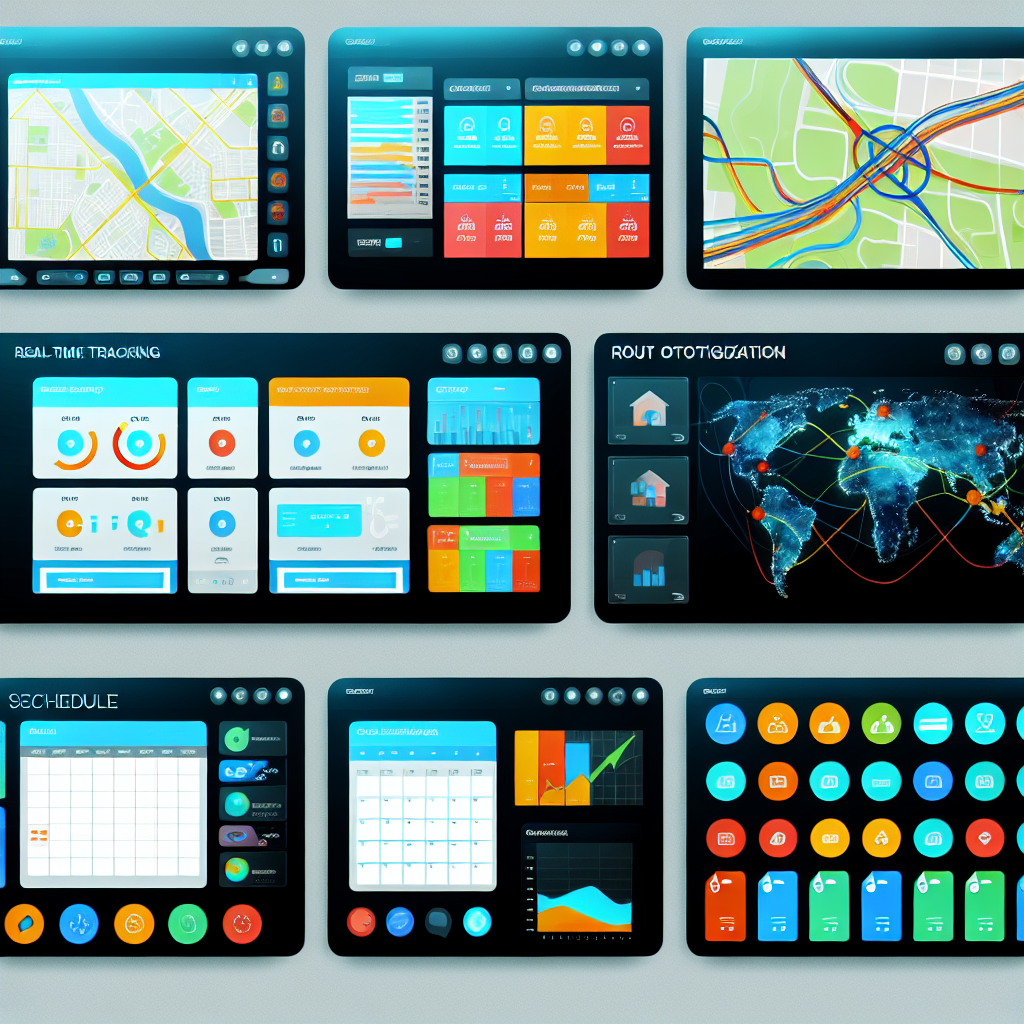 An illustration of various dispatch software dashboards displaying real-time tracking, job scheduling, and route optimization features.