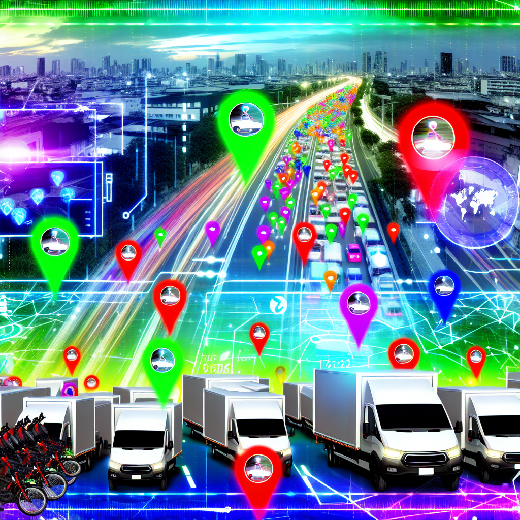 An image showing a fleet of delivery vehicles on the road, with GPS tracking markers and real-time data overlays.