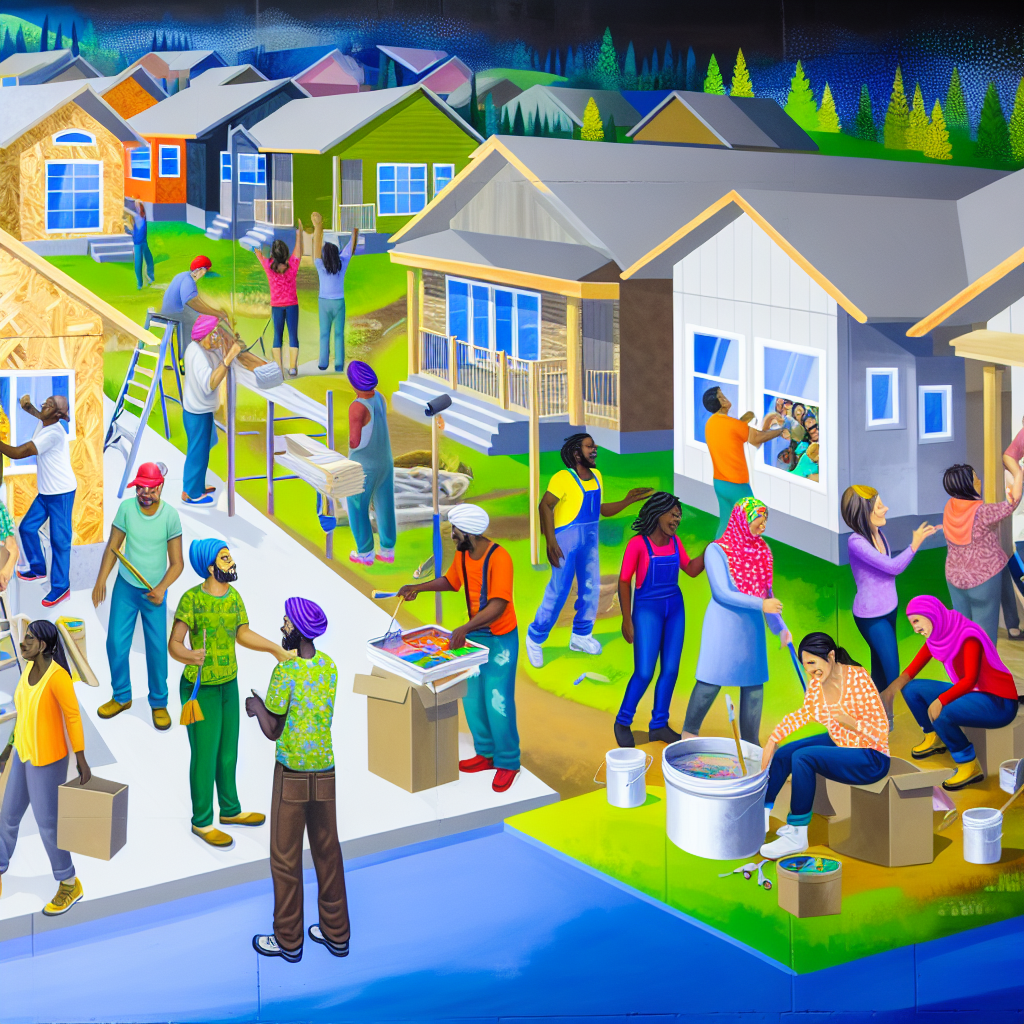 A visual representation of affordable housing, showcasing a community of homes being constructed, with diverse individuals working together. The image conveys a sense of hope and support for vulnerable Canadians, emphasizing the theme of community collaboration and resilience.
