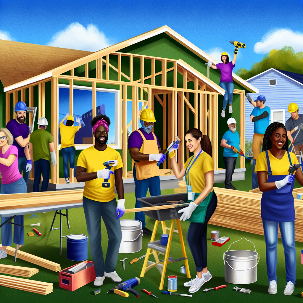 Volunteers working together during a home build project