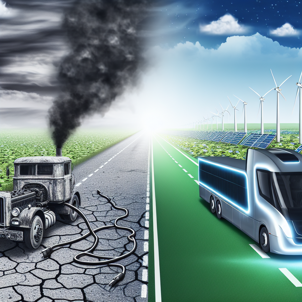 A conceptual image illustrating the transition from traditional diesel trucks to electric trucks in the freight industry, symbolizing progress towards sustainability in transportation