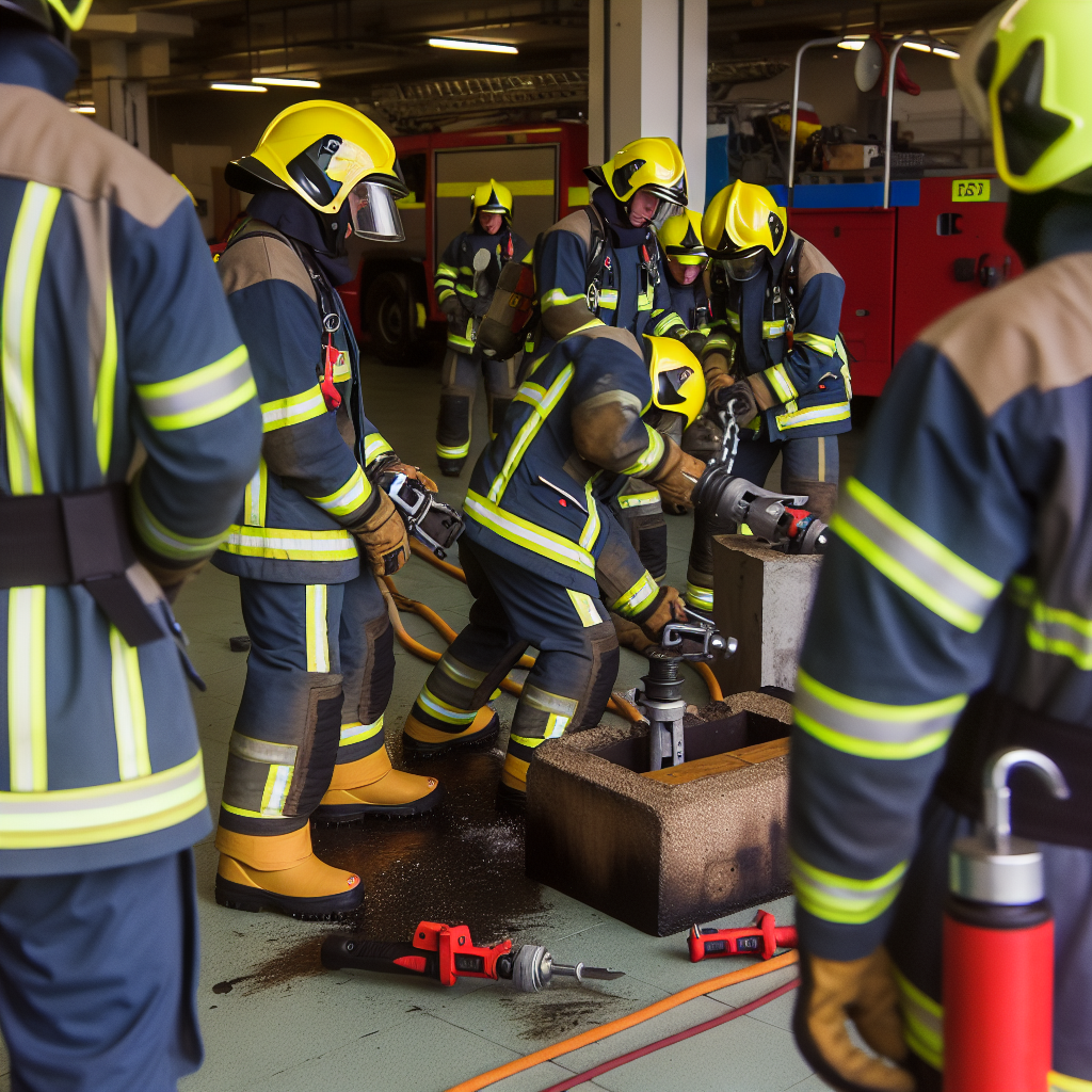 Firefighters undergoing training with a standardized heavy-duty rescue apparatus