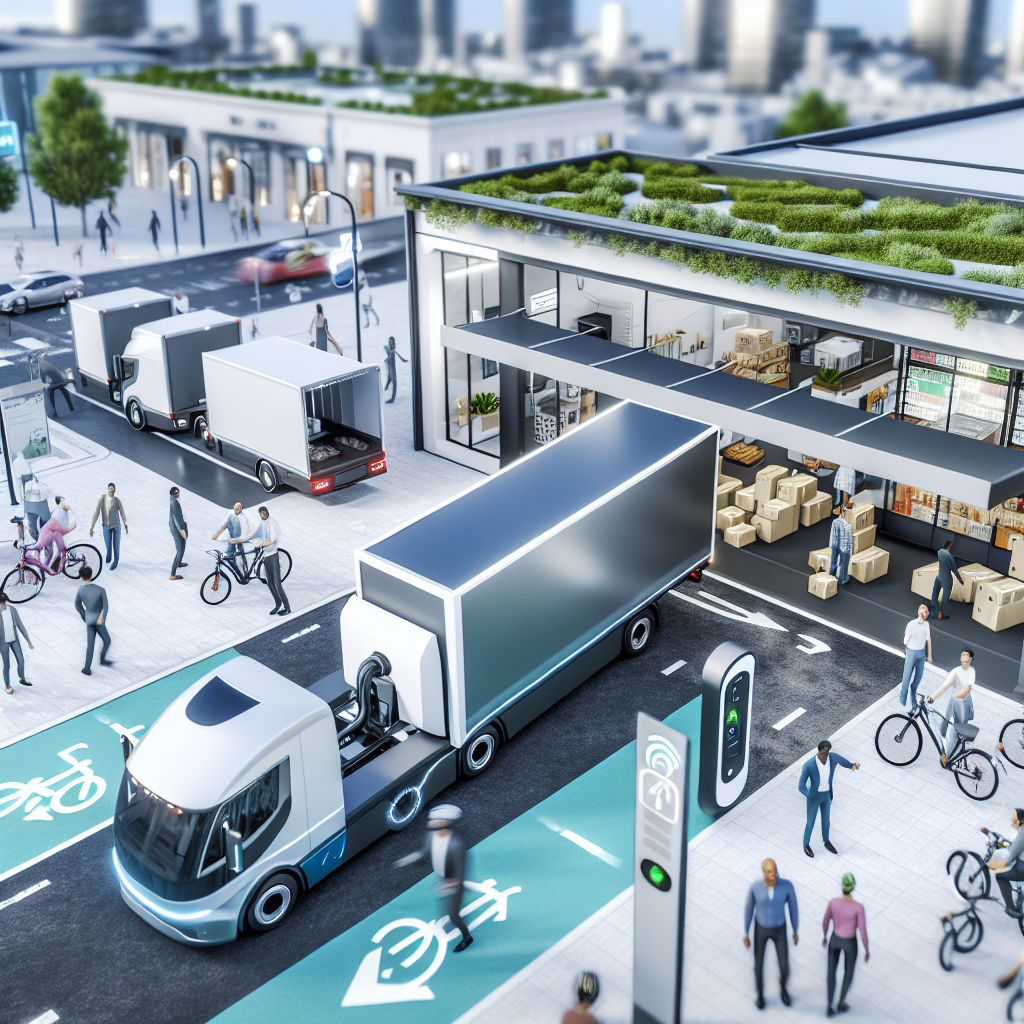 A conceptual image representing medium-duty electric trucks in an urban environment.