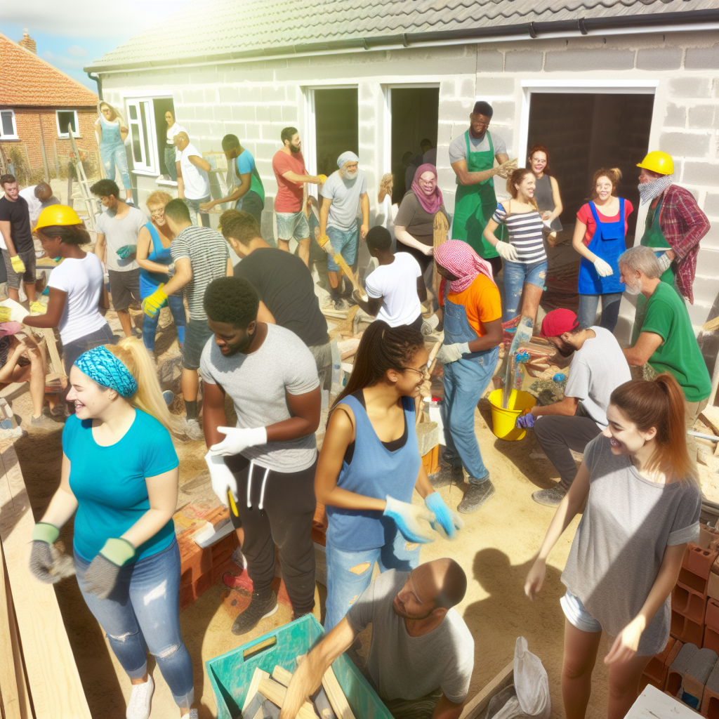 Volunteers working together on a building site