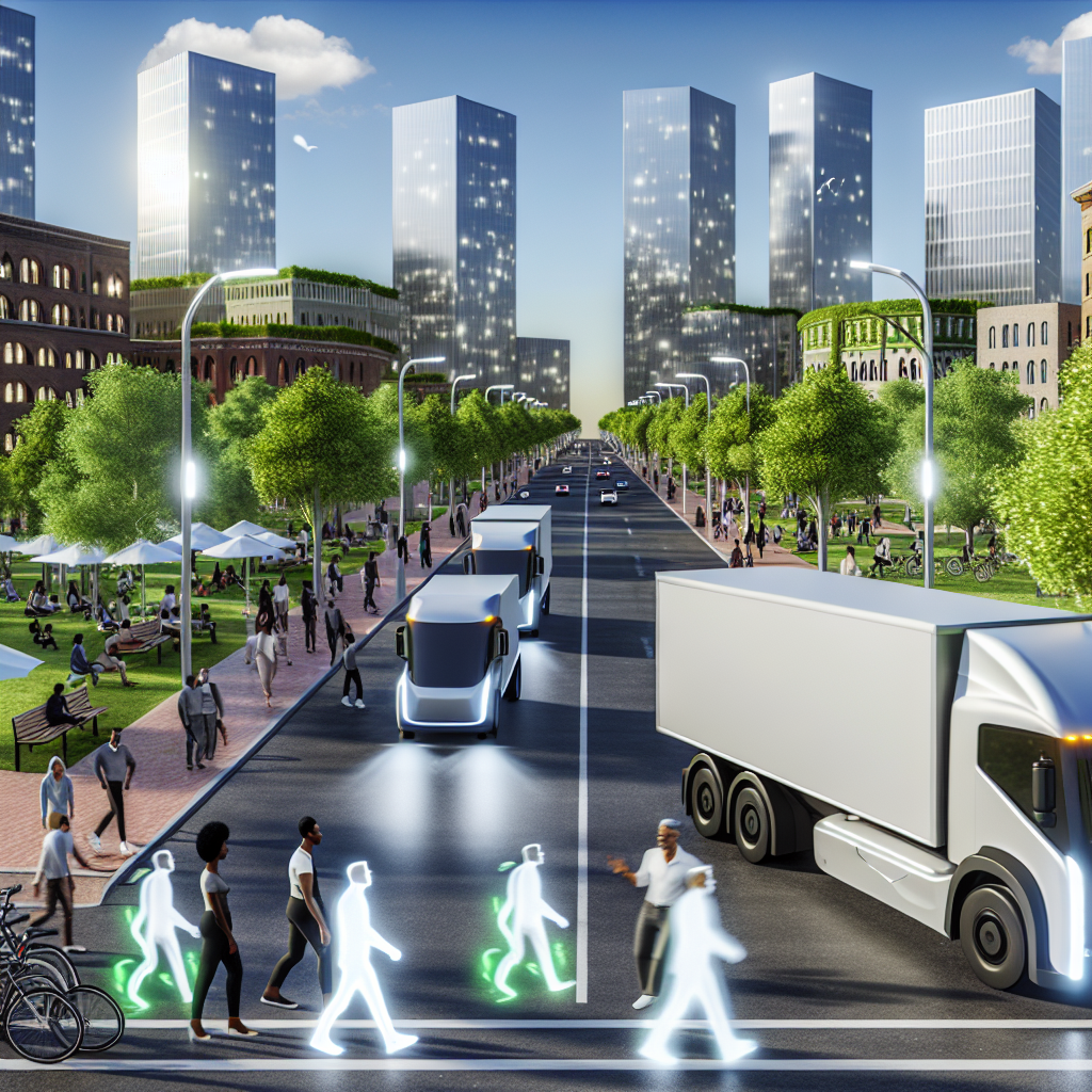 Illustration of urban truck emissions reduction showcasing the impact of electric trucks like eCascadia in a clean urban environment.