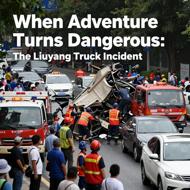 An overview of the collision site on the Dawen Highway, where the truck tipped over after colliding with a rural bus.