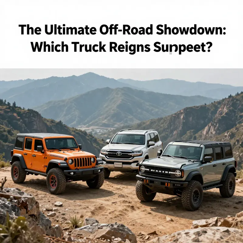 Three top off-road trucks, Jeep Wrangler Rubicon 4xe, Toyota Land Cruiser, and Ford Bronco Raptor on a scenic mountain overlook, ready for adventure.