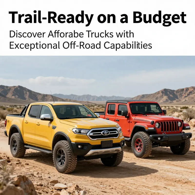 Various budget-friendly trucks including Ford Ranger, Toyota Tacoma, and Jeep Wrangler posing in a scenic outdoor environment.