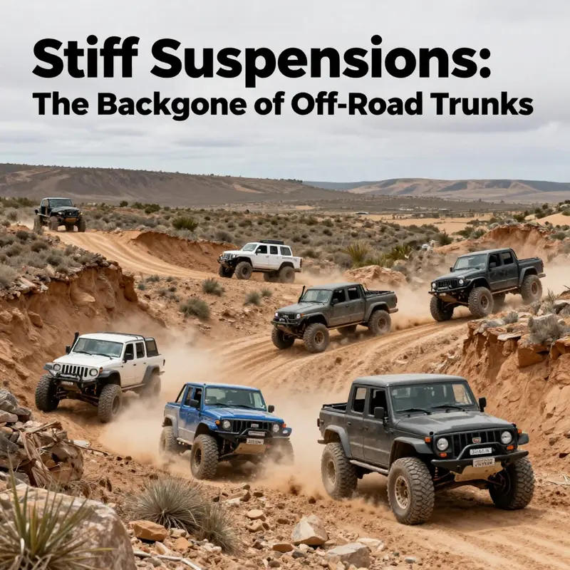 A scenic view of multiple off-road trucks traversing a challenging landscape, showcasing the adventures that await off-road enthusiasts.