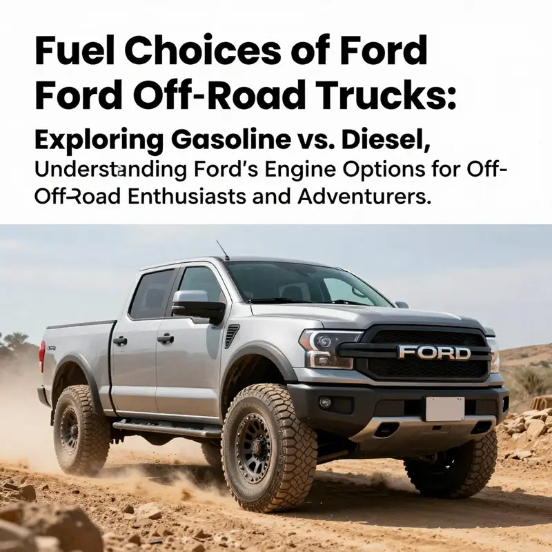 A Ford off-road truck driving through challenging terrain, showcasing its capability and gasoline fuel type.