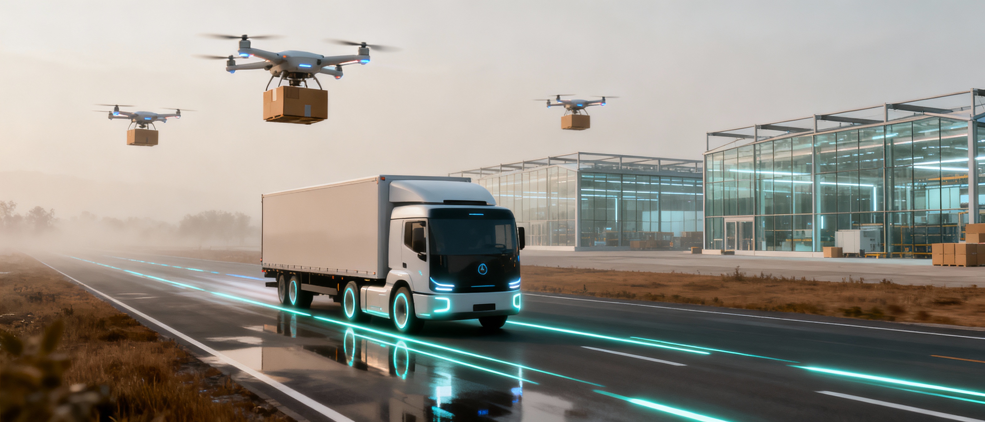 A futuristic portrayal of transportation featuring advanced trucks and smart logistics solutions