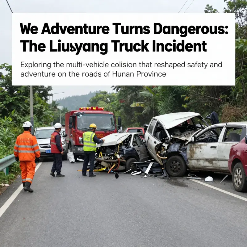 An evocative scene illustrating the aftermath of the truck collision in Liuyang City, portraying the disruption along the roadway.