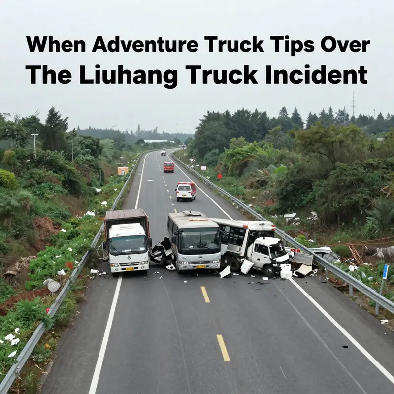 An overview of the collision site on the Dawen Highway, where the truck tipped over after colliding with a rural bus.