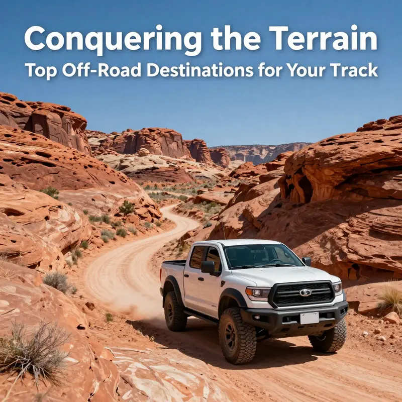 A truck tackles the challenging trails of Moab, highlighting the stunning red rock landscape.