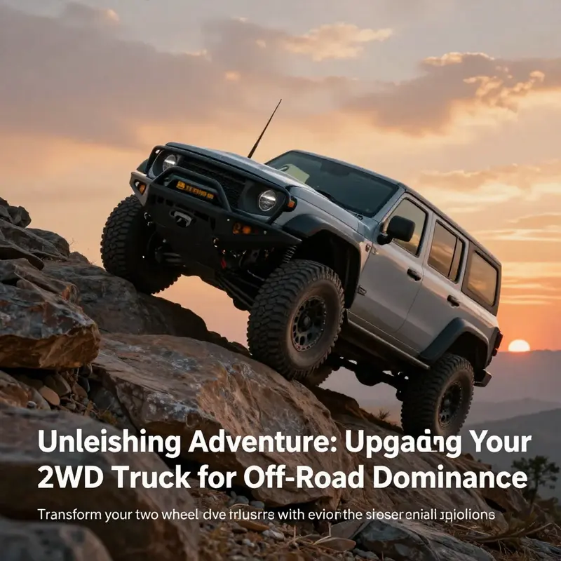 A 2WD truck successfully navigating a steep, rocky trail during sunset, symbolizing off-road capabilities.