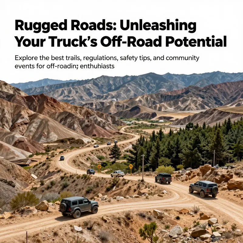 A panoramic view of trucks off-roading through scenic landscapes.