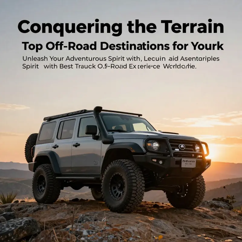 An off-road truck on a rocky hill with expansive landscapes and a vibrant sunset in the background.