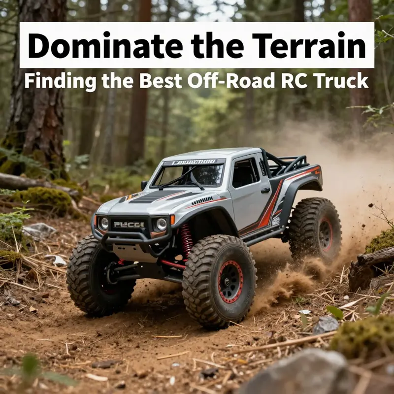 An off-road remote-controlled truck speeding through a forest trail.