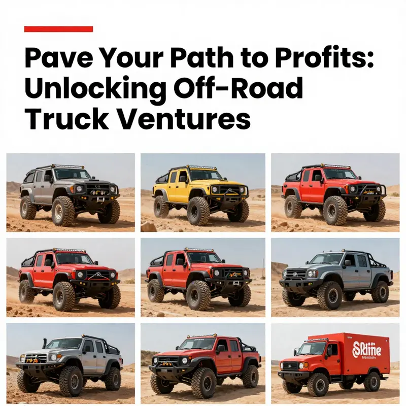 A collage of off-road trucks in action across different earning scenarios.