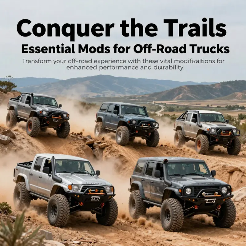 Multiple modified off-road trucks maneuvering through rugged landscapes showcasing their capabilities.