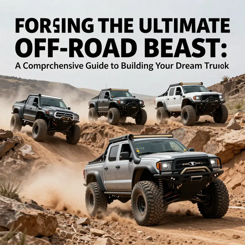 A lineup of diverse off-road trucks traversing through challenging terrain, illustrating customization.