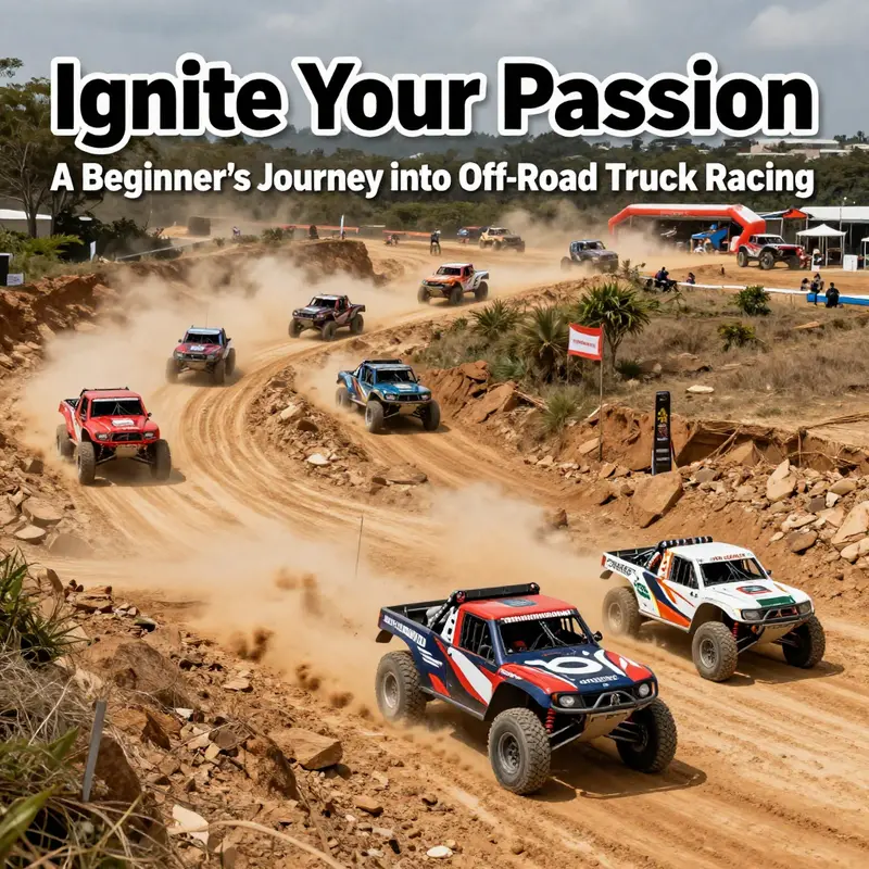 An overhead view of an off-road race featuring various trucks overcoming tough dirt tracks, symbolizing the essence of off-road truck racing.