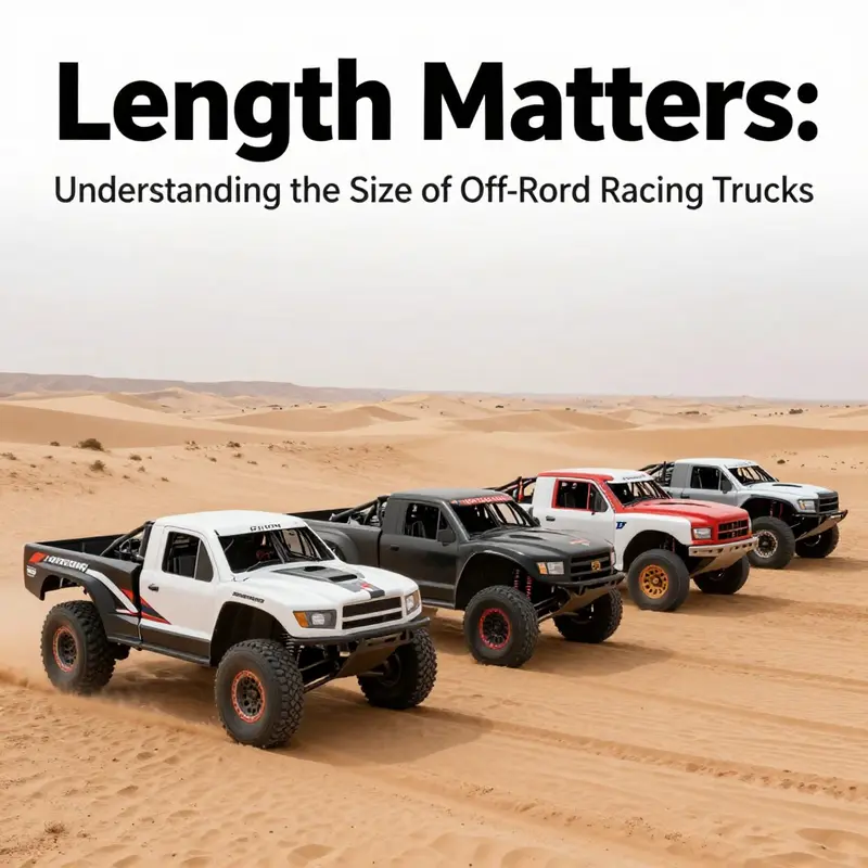 A lineup of off-road racing trucks with visible length differences, emphasizing their rugged designs for extreme conditions.