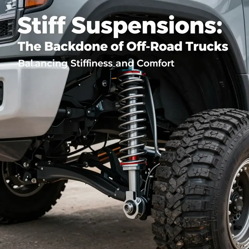 A robust off-road truck showcasing its stiff suspension as it navigates through rugged terrains.