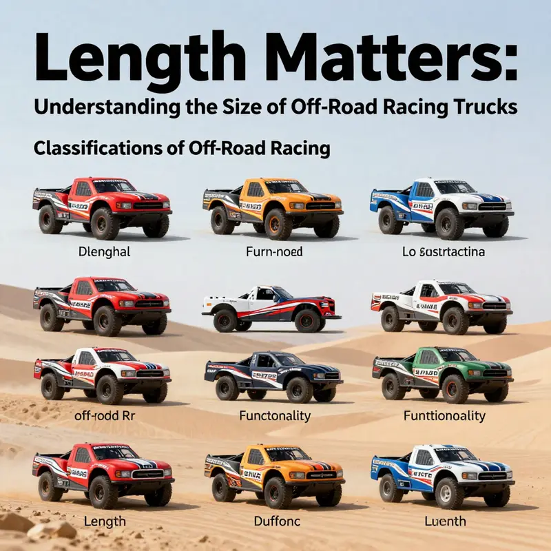A lineup of off-road racing trucks with visible length differences, emphasizing their rugged designs for extreme conditions.