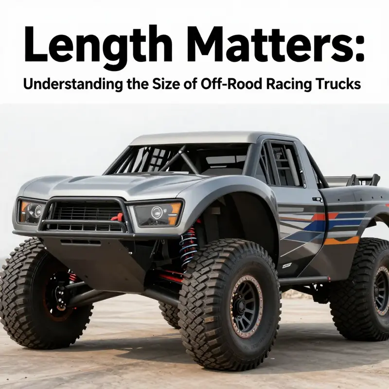 A lineup of off-road racing trucks with visible length differences, emphasizing their rugged designs for extreme conditions.