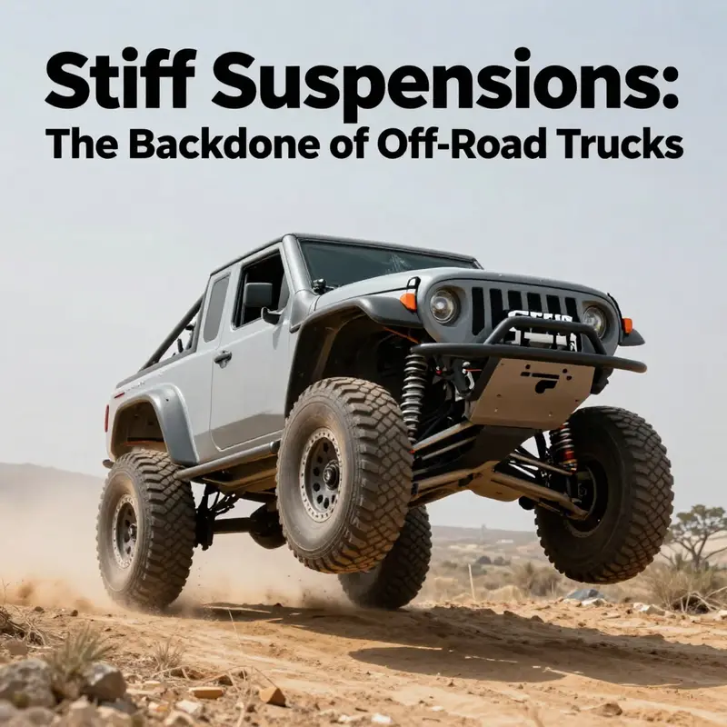 A robust off-road truck showcasing its stiff suspension as it navigates through rugged terrains.