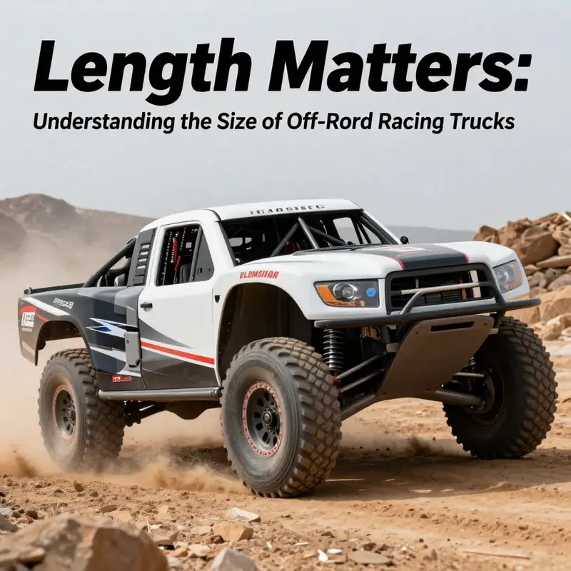 A lineup of off-road racing trucks with visible length differences, emphasizing their rugged designs for extreme conditions.