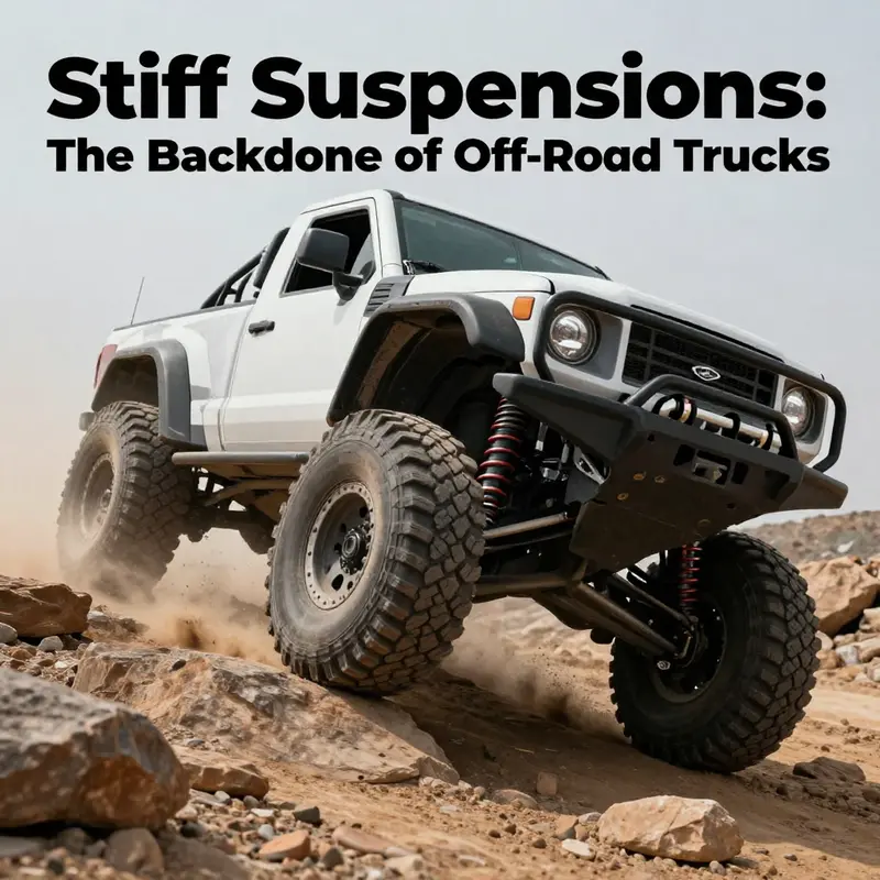 A robust off-road truck showcasing its stiff suspension as it navigates through rugged terrains.