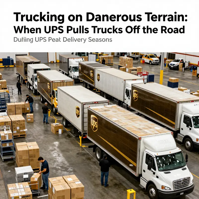 A UPS truck parked safely during a heavy snowstorm, showcasing the importance of weather-related safety measures.
