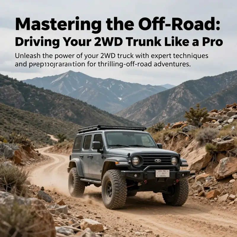 A scenic view of a 2WD truck on an off-road trail surrounded by mountains, representing adventure and exploration.