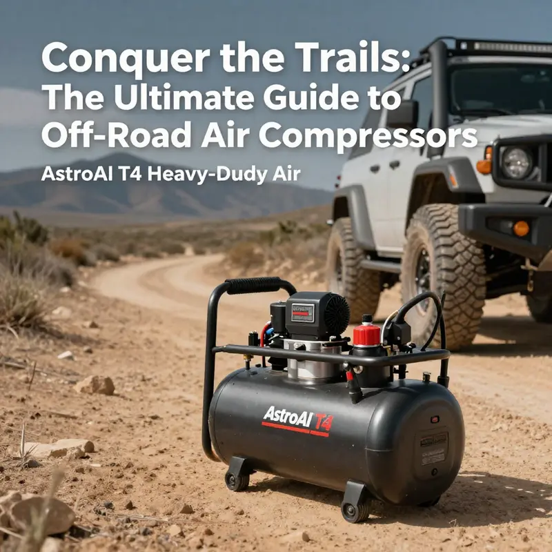 The AstroAI T4 air compressor, perfect for inflating off-road truck tires, prominently displayed in action.