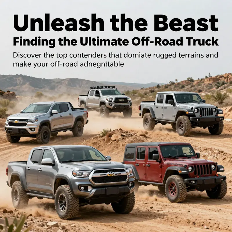 Montage of the top off-road trucks including Chevrolet Colorado ZR2, Toyota Tacoma TRD Pro, Toyota Hilux, and Jeep Wrangler Rubicon in action.