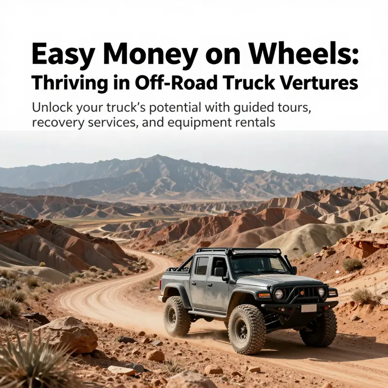 A panoramic landscape featuring an off-road truck in action amidst challenging terrain.