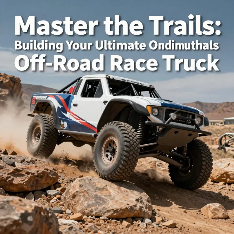 A rugged off-road race truck climbing a rocky hill against an expansive sky.