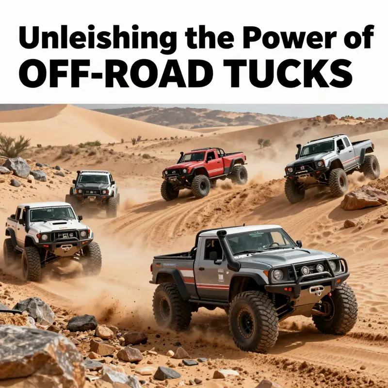 A group of off-road trucks maneuvering through challenging landscapes, highlighting their strength and versatility.