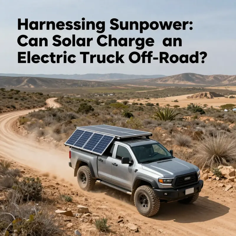 An electric truck navigating rugged terrain, showcasing solar panels, symbolizing off-road adventure and renewable energy.