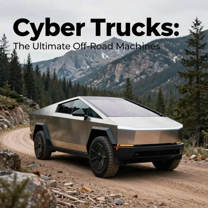 The Cybertruck’s distinctive silhouette poised for adventure at a rocky trailhead.