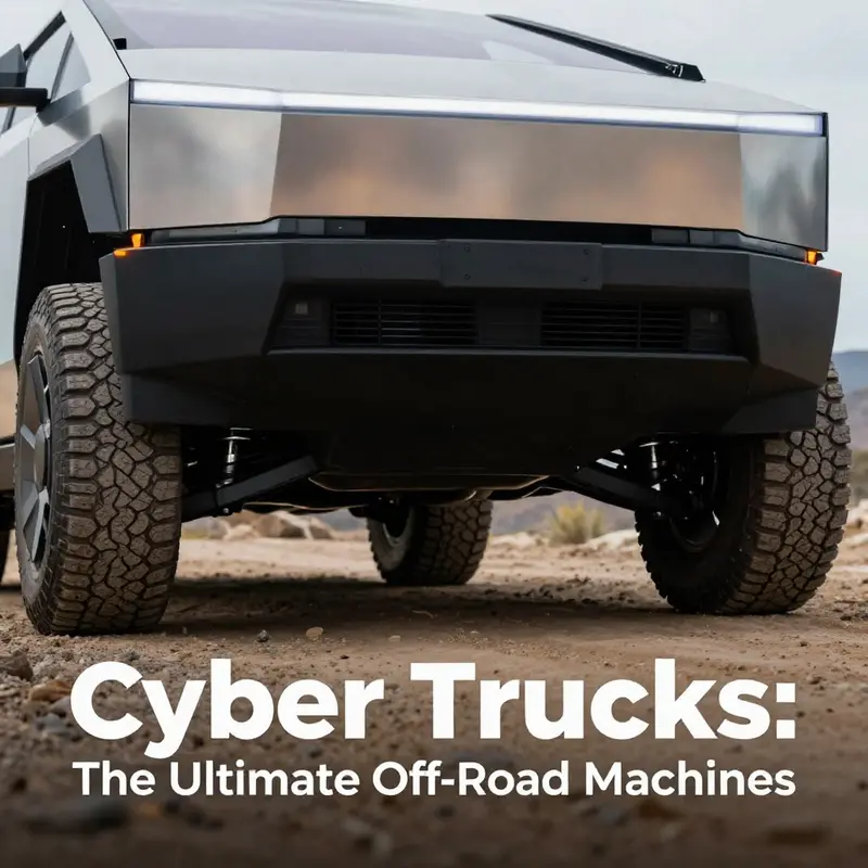 The Cybertruck’s distinctive silhouette poised for adventure at a rocky trailhead.
