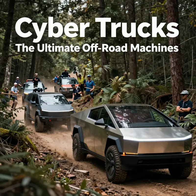 The Cybertruck’s distinctive silhouette poised for adventure at a rocky trailhead.