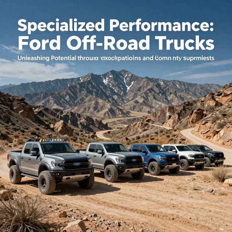A fleet of Ford off-road trucks poised in a picturesque landscape of mountains, symbolizing adventure.