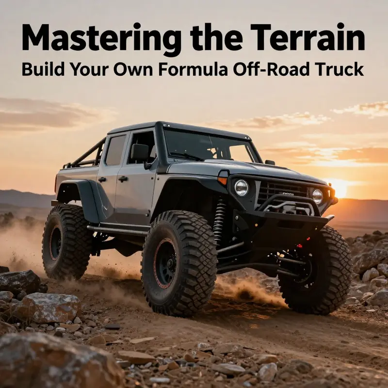 An off-road truck in action on a rocky trail, showcasing its powerful design and performance in natural rugged conditions.