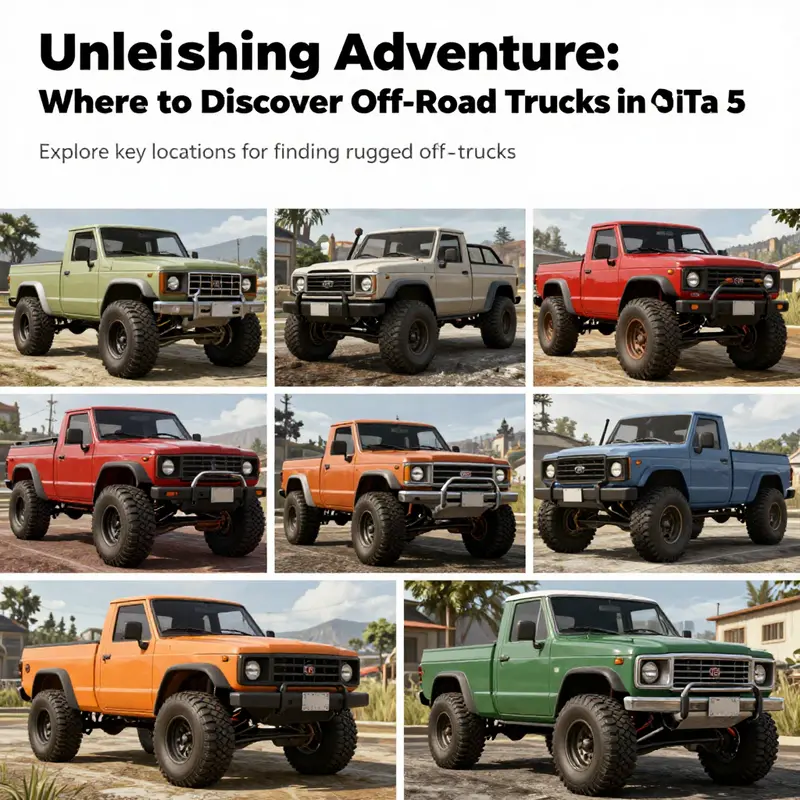 A dynamic collage of various GTA 5 off-road trucks set against diverse landscapes.