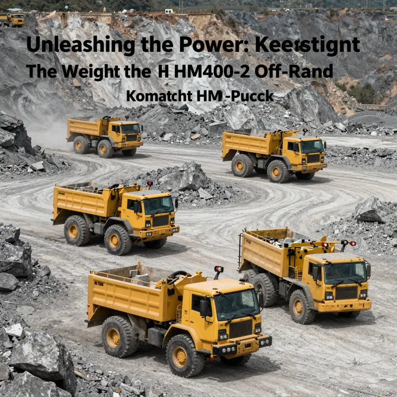 Multiple Komatsu HM400-2 trucks actively working in a rugged mining environment, illustrating their strength and operational prowess.